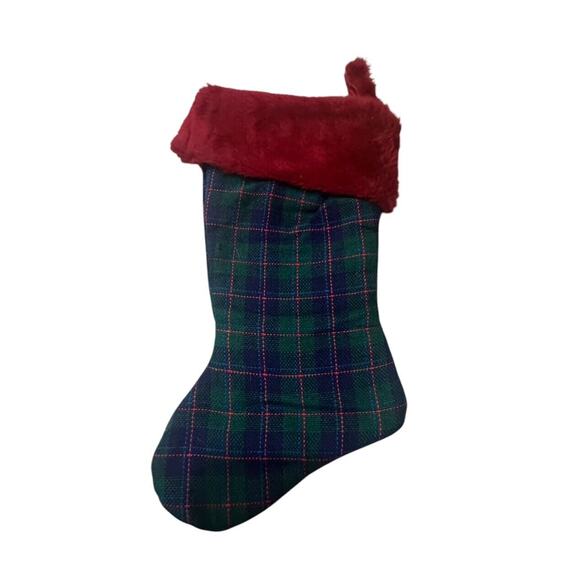 VTG Tartan Plaid Christmas Stocking Fur Top Traditional Dark Colors - Picture 2 of 5